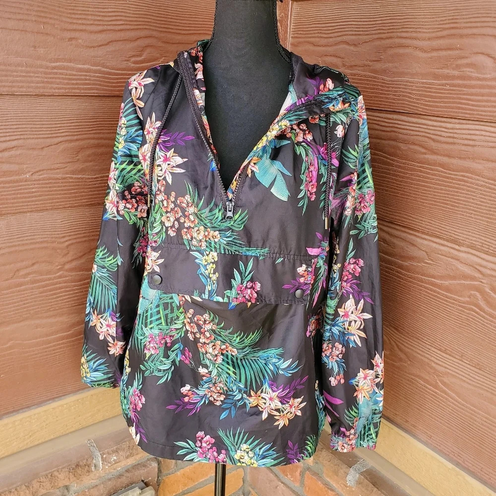 Xersion Multicolor Floral Funnel Neck Half Zip Front Pocket Hooded Anorak